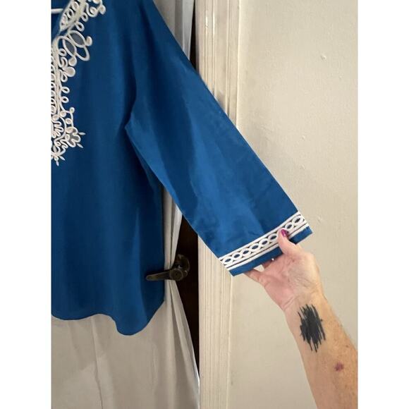 Jones New York Blue White Embroidered Linen Tunic Top Sz L Beach Resort Summer - Picture 3 of 8